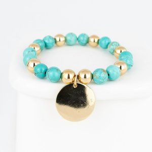 Nadine West Bracelet Stretch Dyed Howlite Turquoise Color Beaded Light Gold Tone